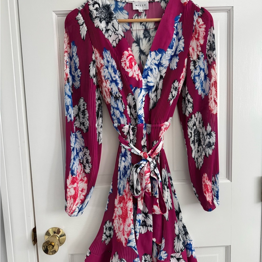 Milly Pink and Blue Floral Dress Liv Petals In Bloom Pleated Minidress - Picture 6 of 10